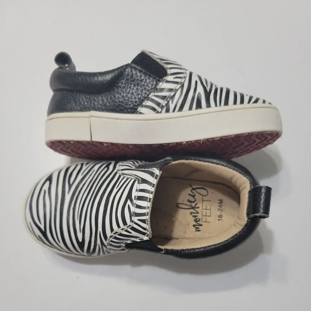 Monkey Feet Slip On Girls 18-24 Month Shoes Black Zebra Print‎ Leather Sneakers